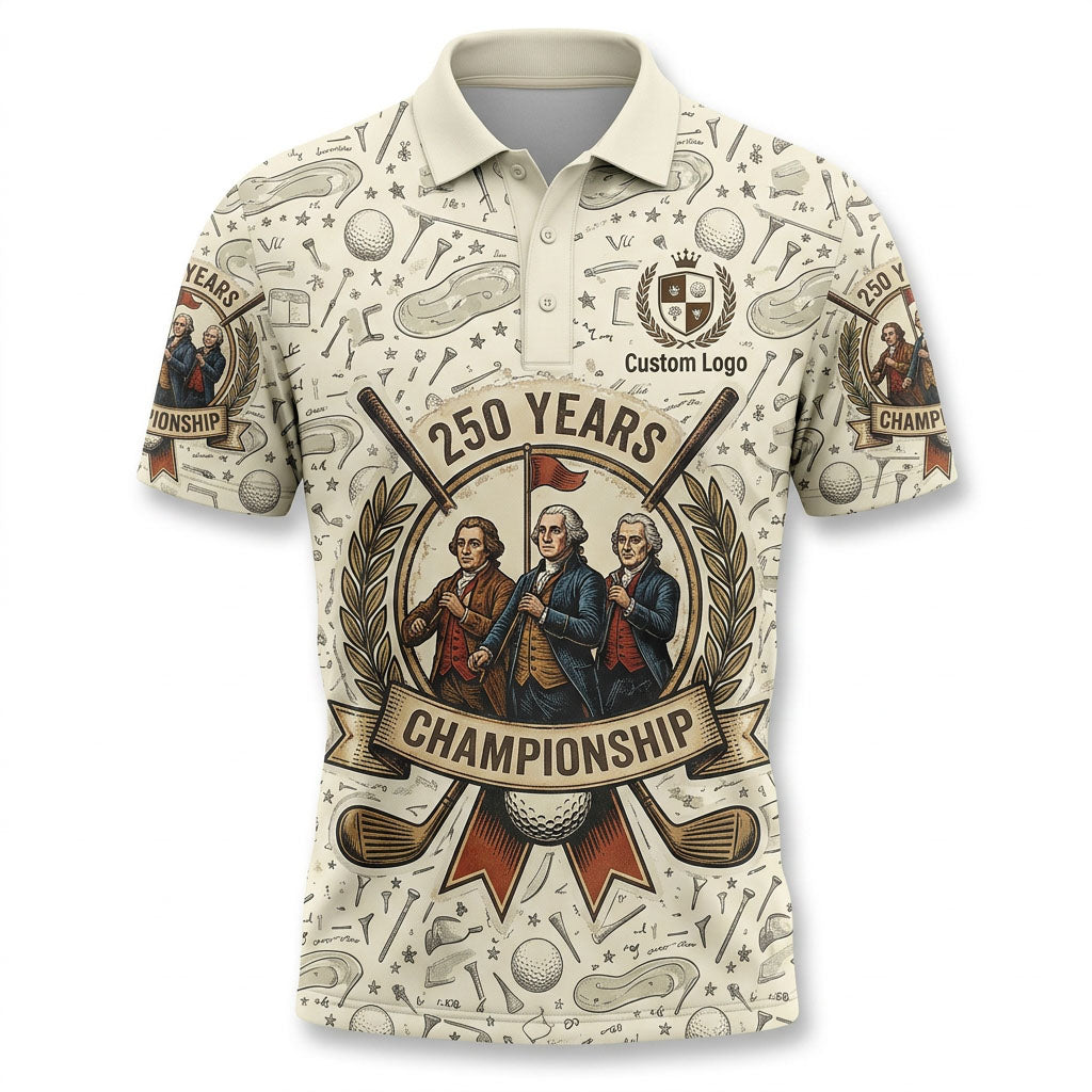 Front view of a cream USA Founding Fathers 250 Years Golf Championship polo shirt with vintage line-art graphics and crossed clubs.