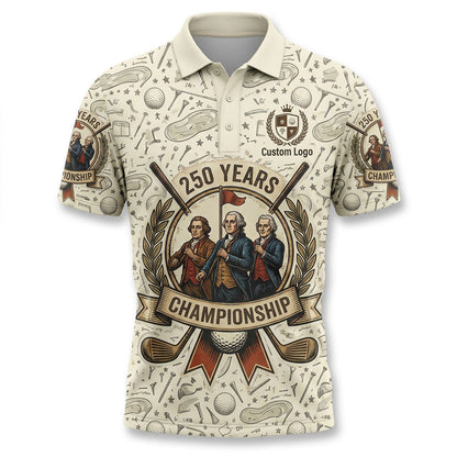 Front view of a cream USA Founding Fathers 250 Years Golf Championship polo shirt with vintage line-art graphics and crossed clubs.