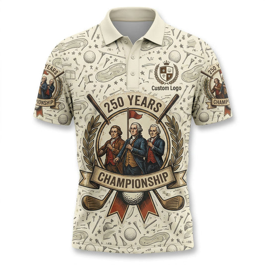 Front view of a cream USA Founding Fathers 250 Years Golf Championship polo shirt with vintage line-art graphics and crossed clubs.
