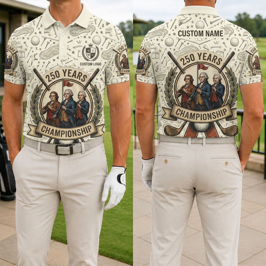 Front and back view of a custom name USA Founding Fathers golf polo shirt featuring a patriotic 250 years crest and golf ball motif.