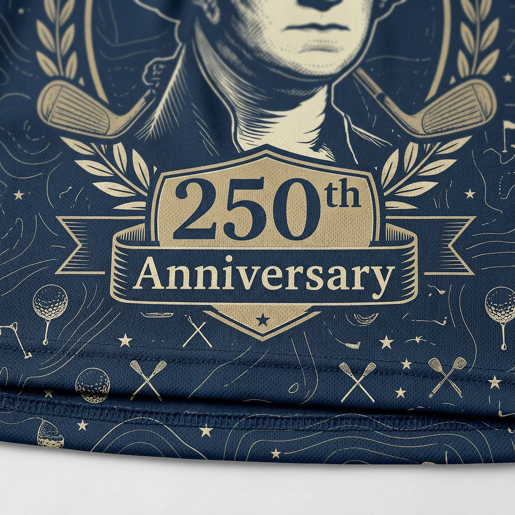 Close-up shot of the high-definition printed ink George Washington portrait, aviator glasses, and crossed golf clubs .