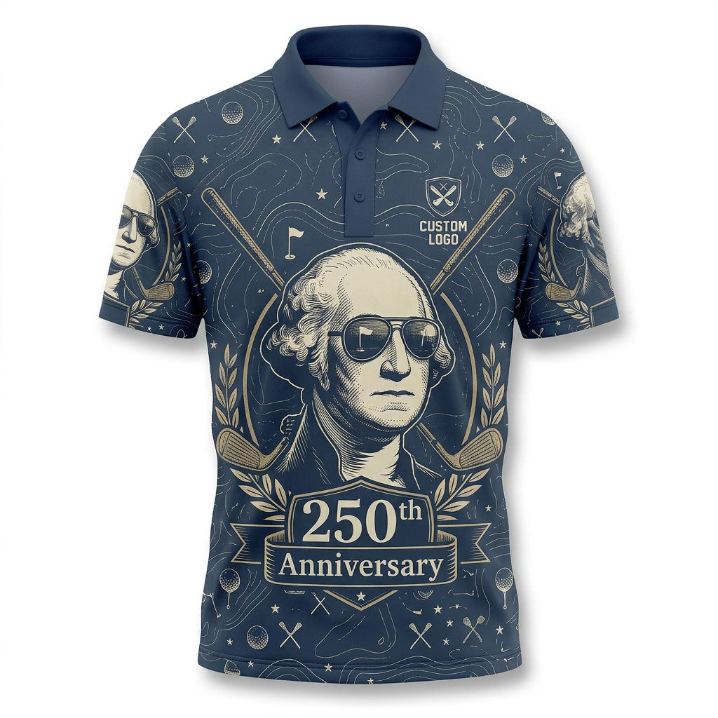 Front view of a deep navy USA George Washington with aviator sunglasses golf polo shirt with custom player name option badge.
