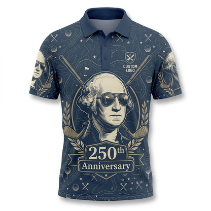 Front view of a deep navy USA George Washington with aviator sunglasses golf polo shirt with custom player name option badge.