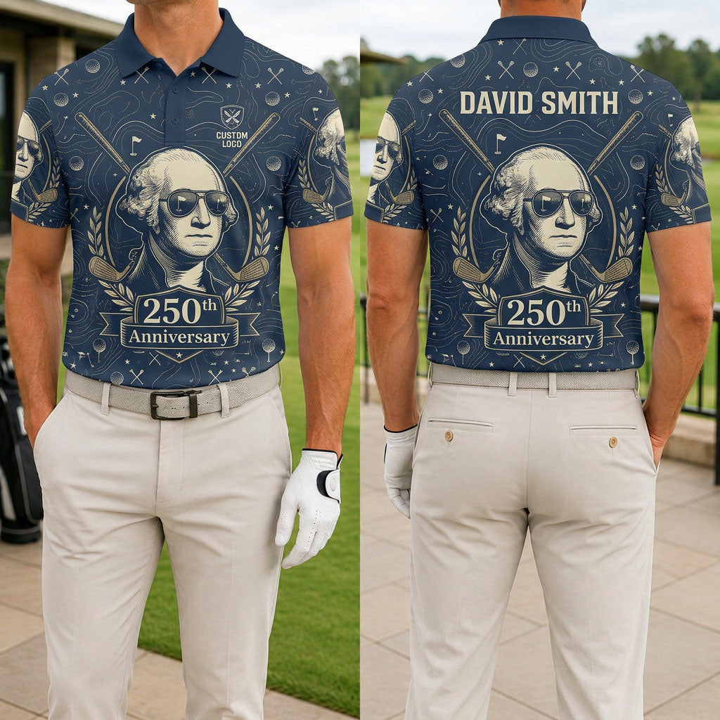 Front and back view of a personalized navy George Washington aviator polo showing the custom name printing area on the back.