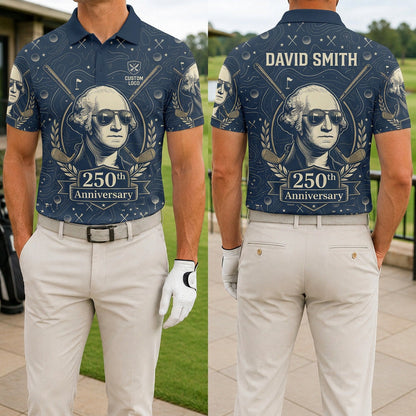 Front and back view of a personalized navy George Washington aviator polo showing the custom name printing area on the back.