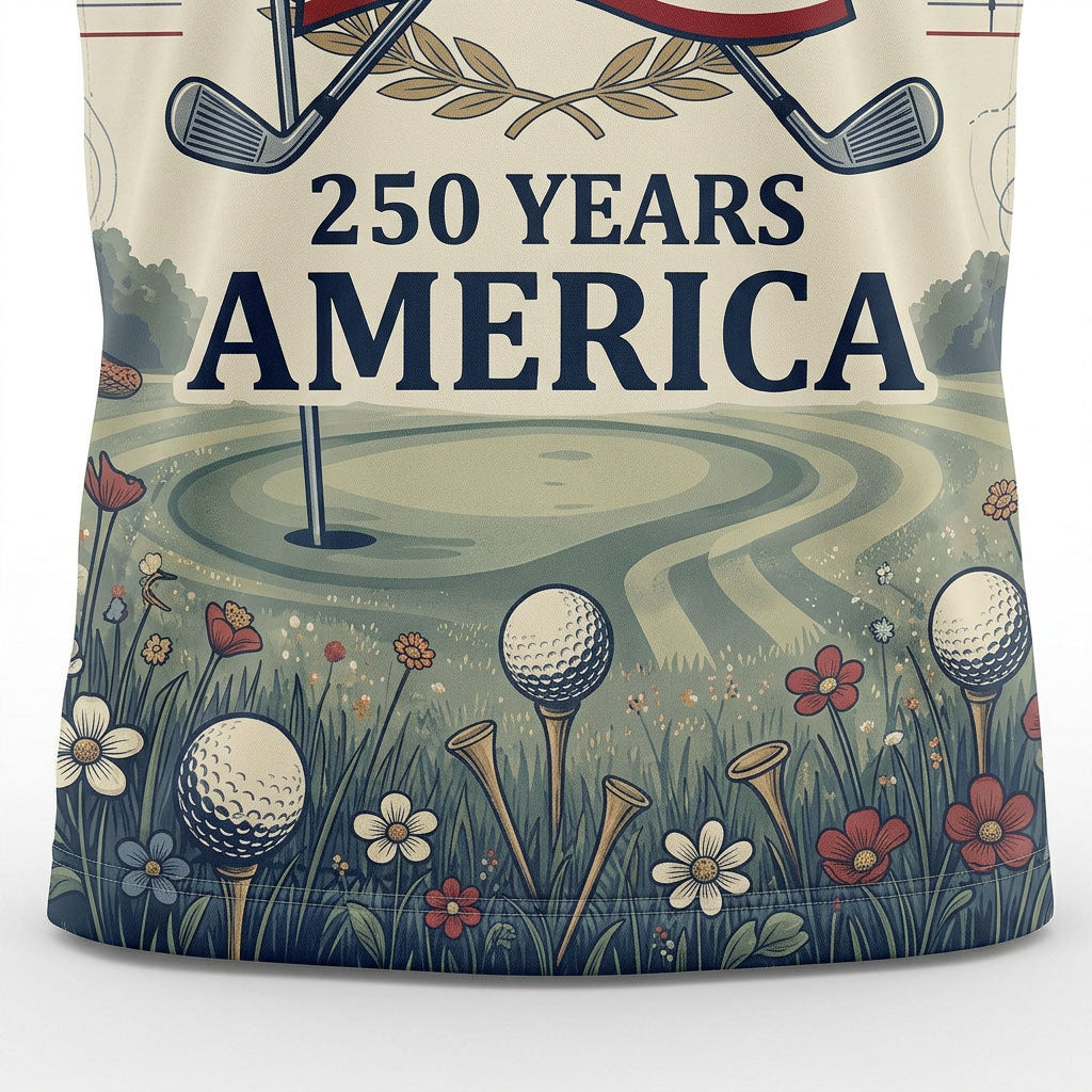 Close-up shot of the high-definition printed waving American flag, laurel wreath, and crossed golf clubs on a parchment background.