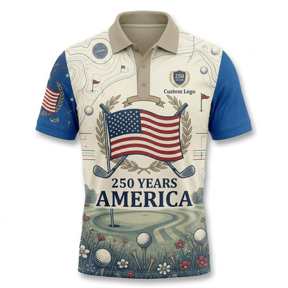 Front view of a vintage parchment and navy USA Heritage Green 250 Years America golf polo shirt with custom player name option badge.