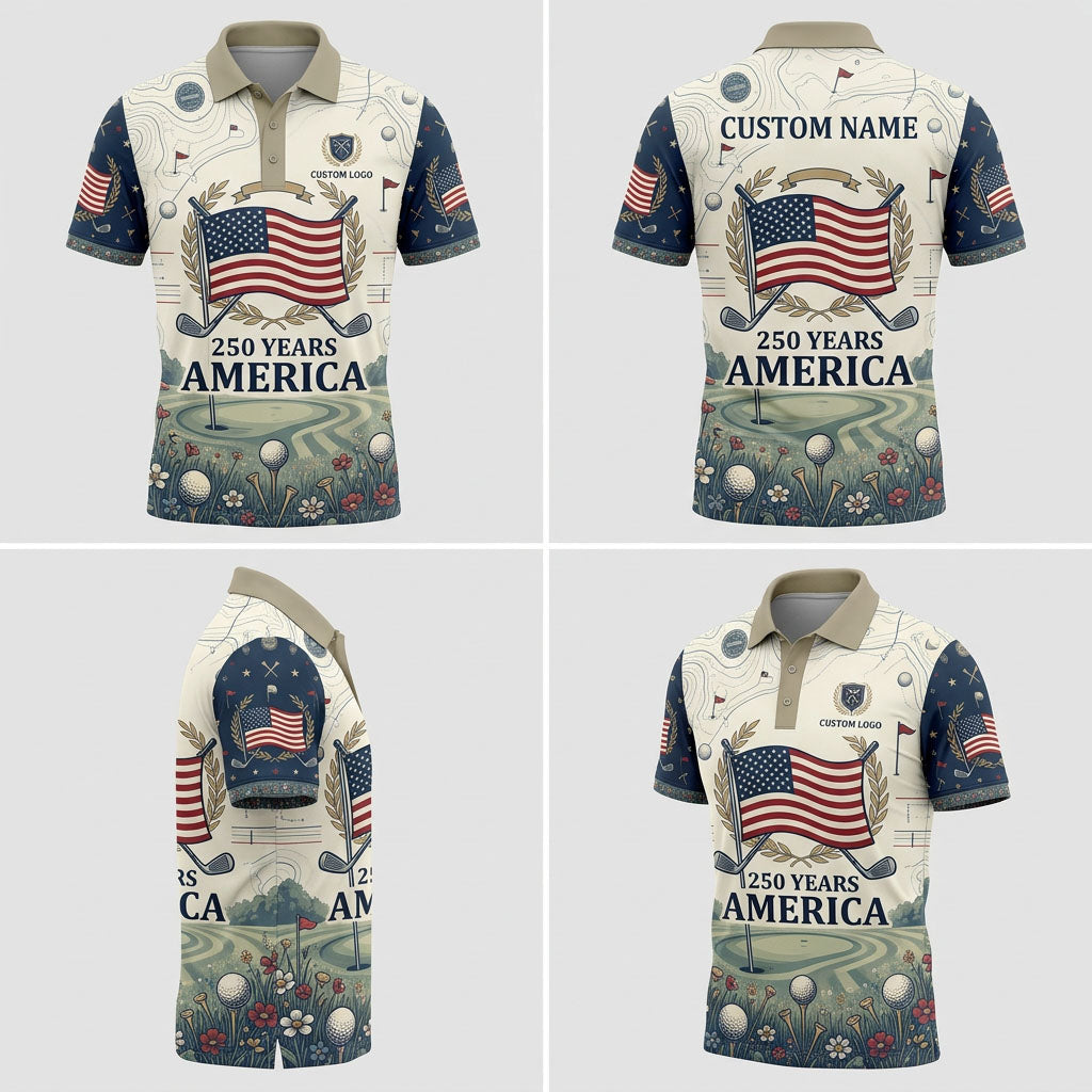 Multi-angle product display grid showcasing the front, back, navy starry shoulders, and athletic tailored fit of the polo shirt.