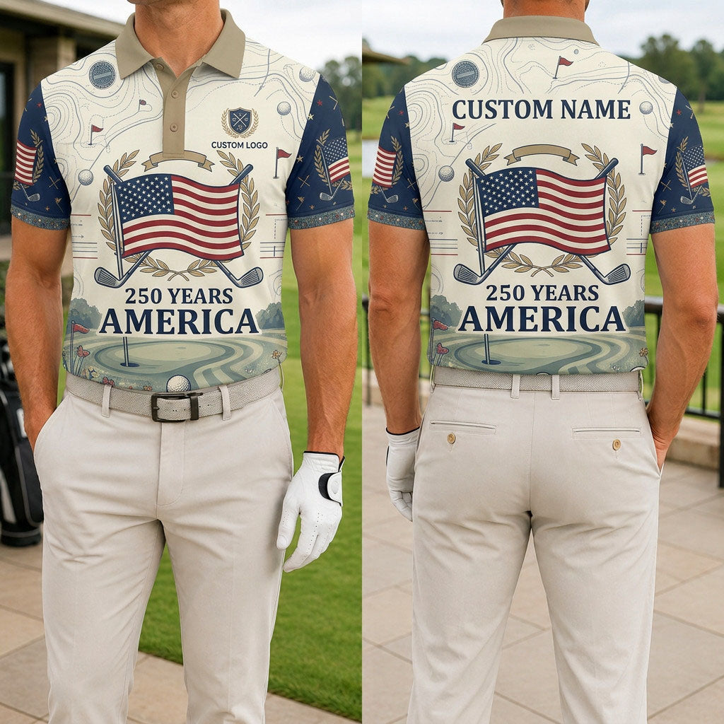 Front and back view of a personalized USA 250 Years America polo shirt showing the custom name printing area on the back.