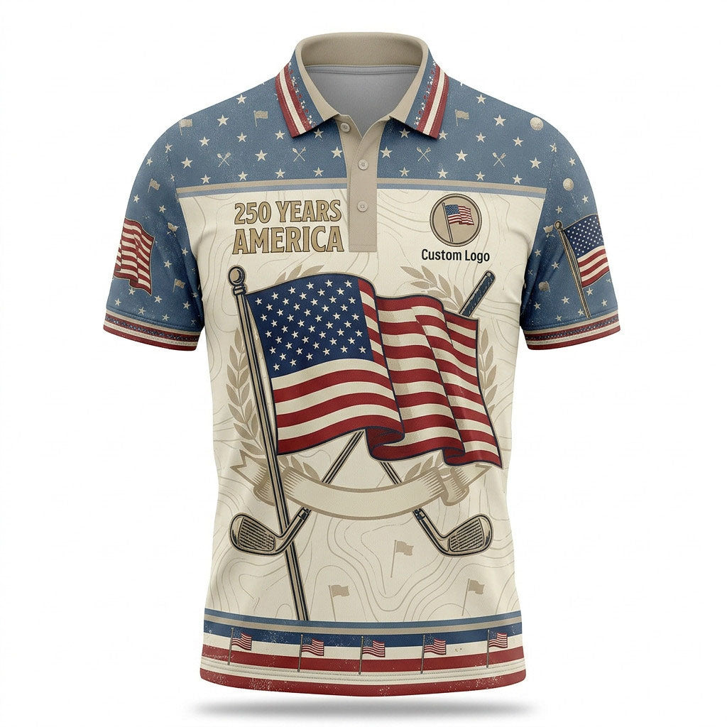 Front view of a vintage parchment and light blue starry USA Independent 250 Years golf polo shirt with custom player name option badge.