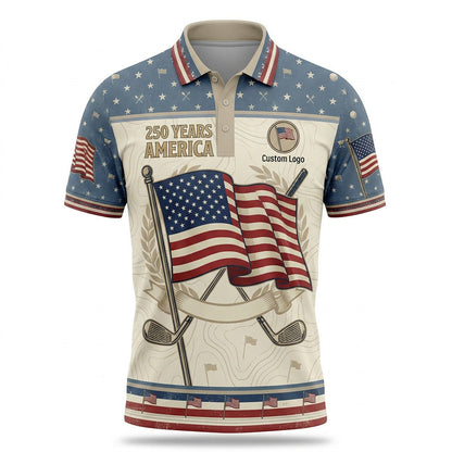 Front view of a vintage parchment and light blue starry USA Independent 250 Years golf polo shirt with custom player name option badge.