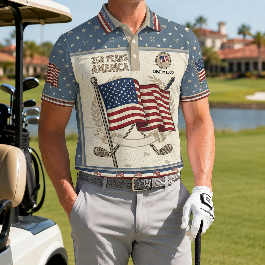 A male golfer wearing the customized USA 250 Years America polo standing proudly on a premium country club fairway green.