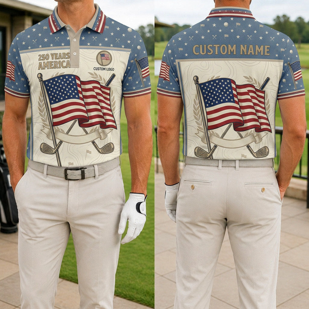 Front and back view of a personalized USA 250 Years America polo shirt showing the custom name printing area on the back.