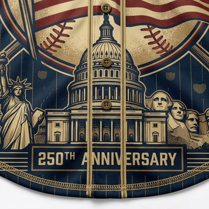 Close-up shot of the high-definition print showing Mount Rushmore details and a 250th Anniversary ribbon on a navy patriotic jersey.