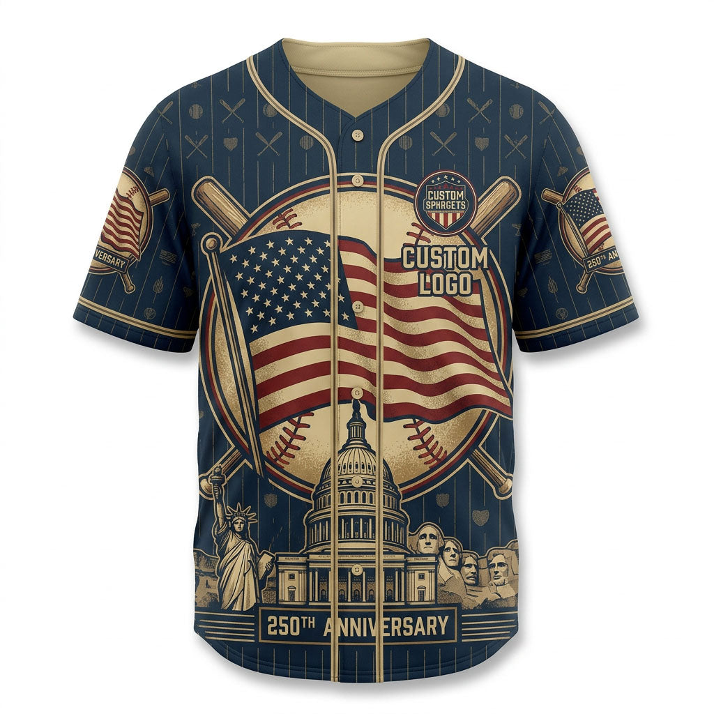 Front view of a navy blue pinstripe USA Landmark 250th Anniversary baseball jersey with US Capitol and American flag graphics.