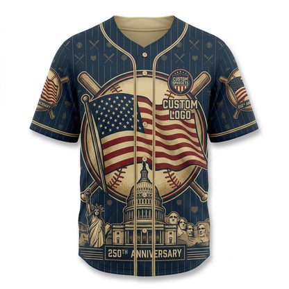 Front view of a navy blue pinstripe USA Landmark 250th Anniversary baseball jersey with US Capitol and American flag graphics.