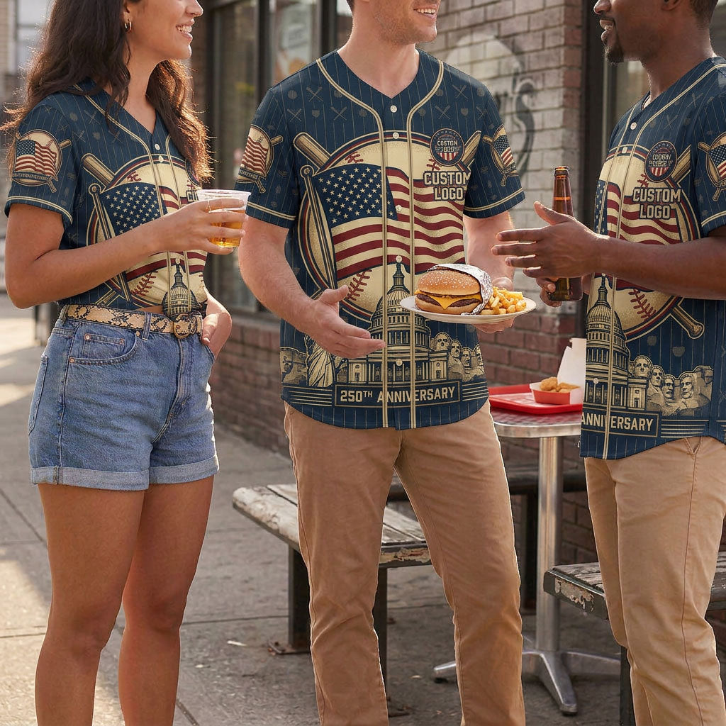 A group of friends wearing matching navy blue USA Landmark baseball jerseys laughing and sharing a meal outdoors.