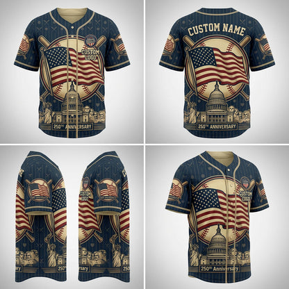 Multi-angle product display grid showcasing the front, back, side sleeve details, and premium print placement of the 250th landmark jersey.