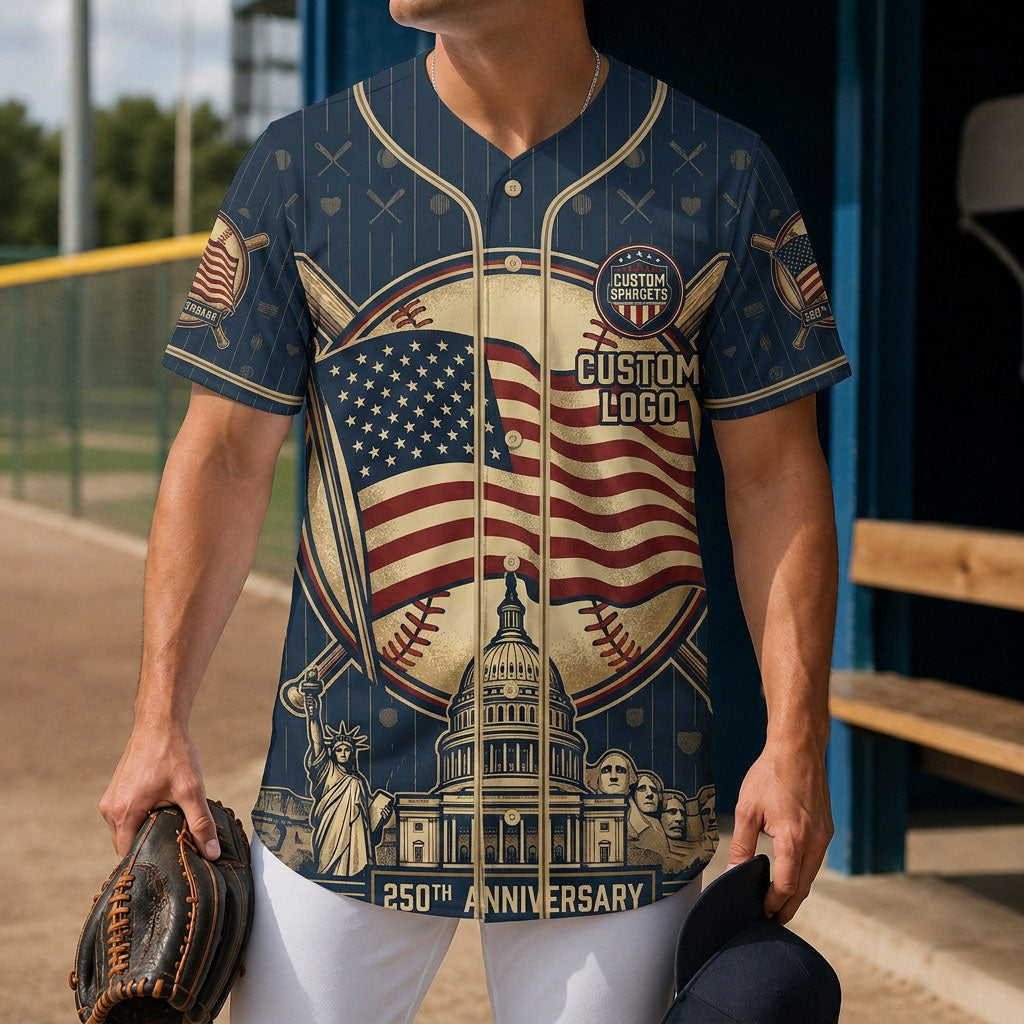 A male model wearing the custom USA Landmark 250th Anniversary baseball jersey at a field dugout holding a leather mitt.