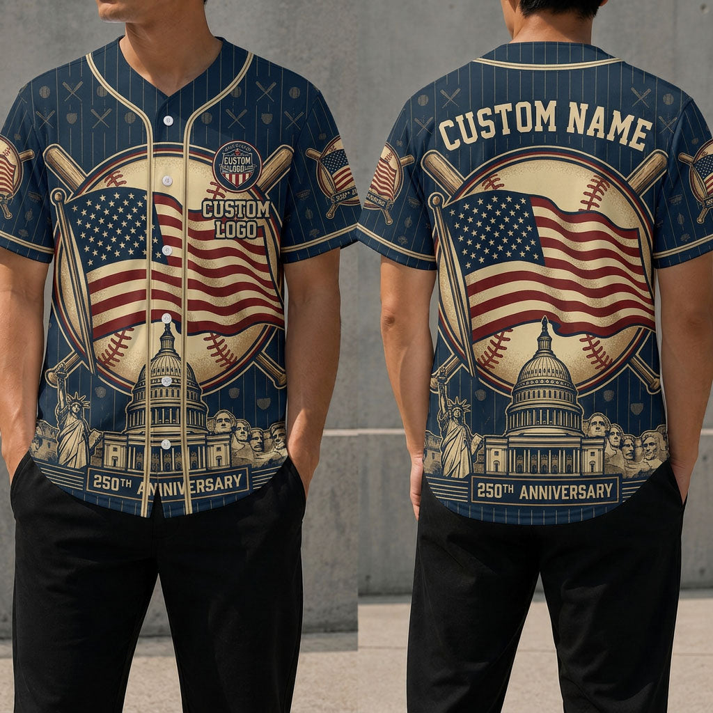 Front and back view of a customizable USA Landmark baseball jersey featuring Mount Rushmore, Statue of Liberty, and a 250th anniversary banner.