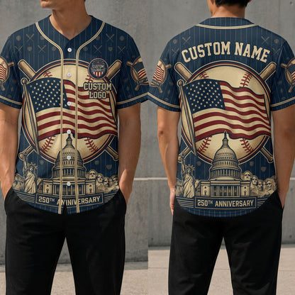 Front and back view of a customizable USA Landmark baseball jersey featuring Mount Rushmore, Statue of Liberty, and a 250th anniversary banner.