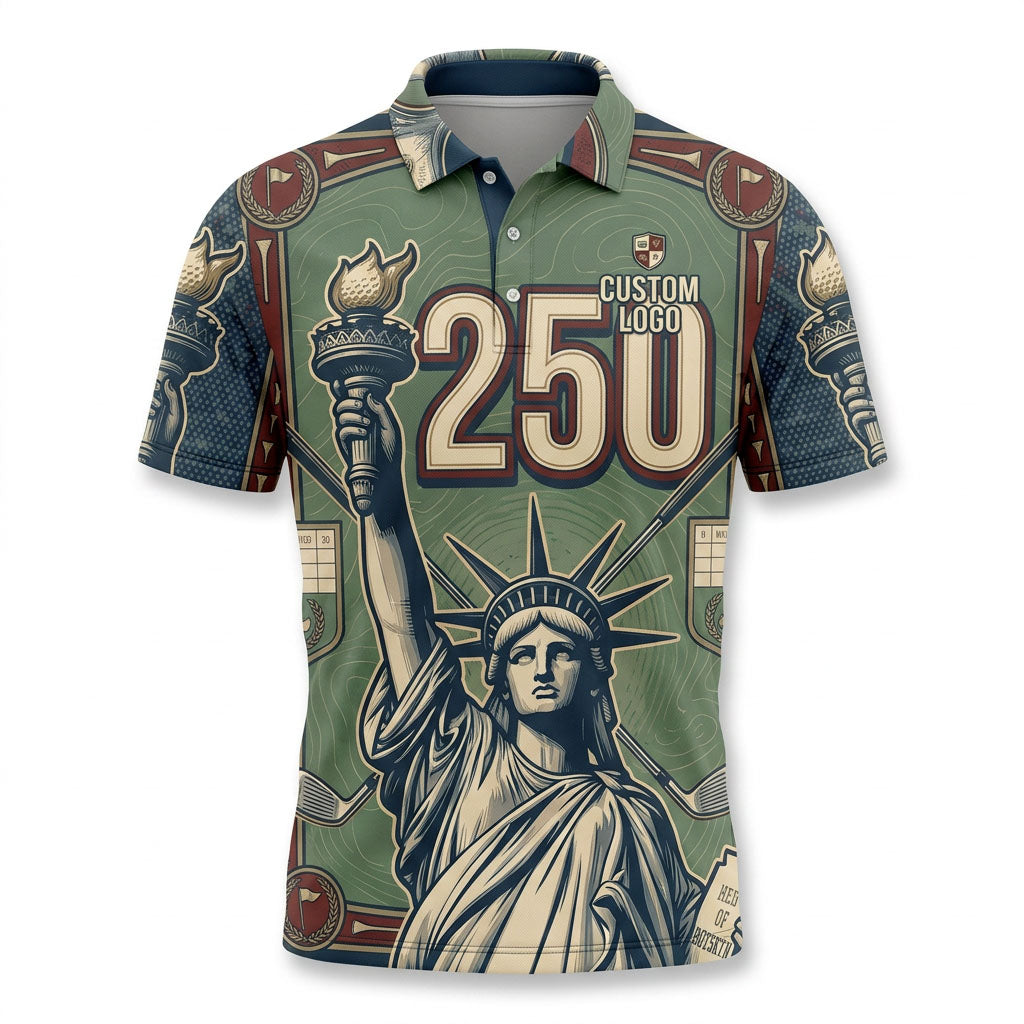 Front view of a vintage sage green topo pattern USA Liberty 250 golf polo shirt with custom player name option badge.