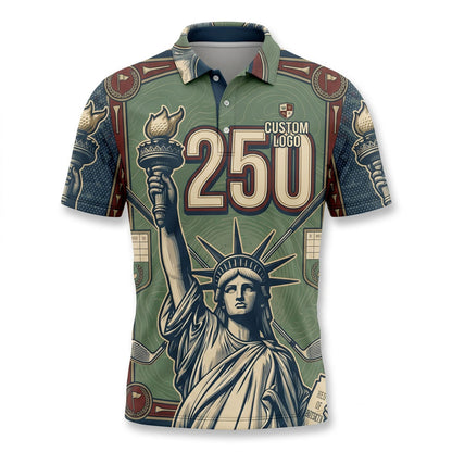 Front view of a vintage sage green topo pattern USA Liberty 250 golf polo shirt with custom player name option badge.