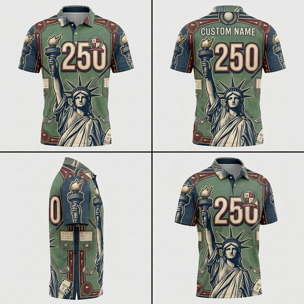 Multi-angle product display grid showcasing the olive green texture, patriotic sleeve graphics, and athletic tailored polo fit.