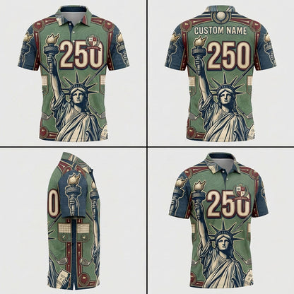 Multi-angle product display grid showcasing the olive green texture, patriotic sleeve graphics, and athletic tailored polo fit.