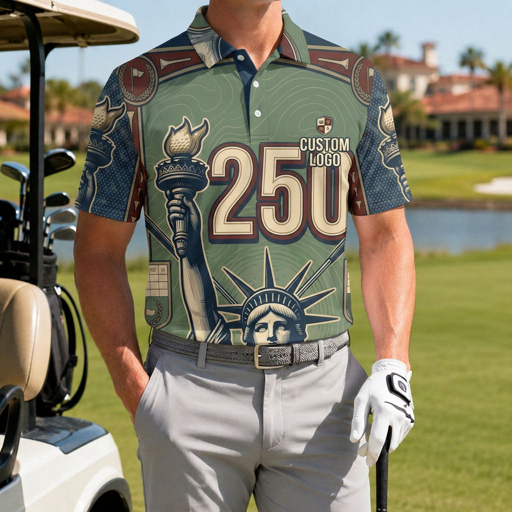 A male golfer wearing the customized USA Liberty 250 green polo standing proudly on a premium country club fairway green.