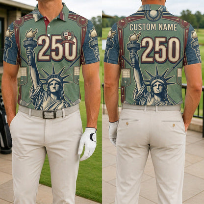 Front and back view of a personalized sage green USA Liberty 250 polo showing the custom name printing area on the back.
