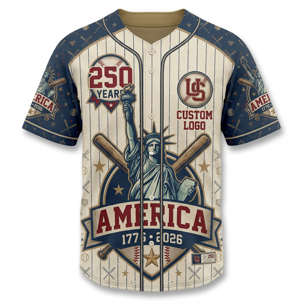 Front view of a cream pinstripe USA Liberty 250 Years baseball jersey with Statue of Liberty graphic and blue patterned shoulders.