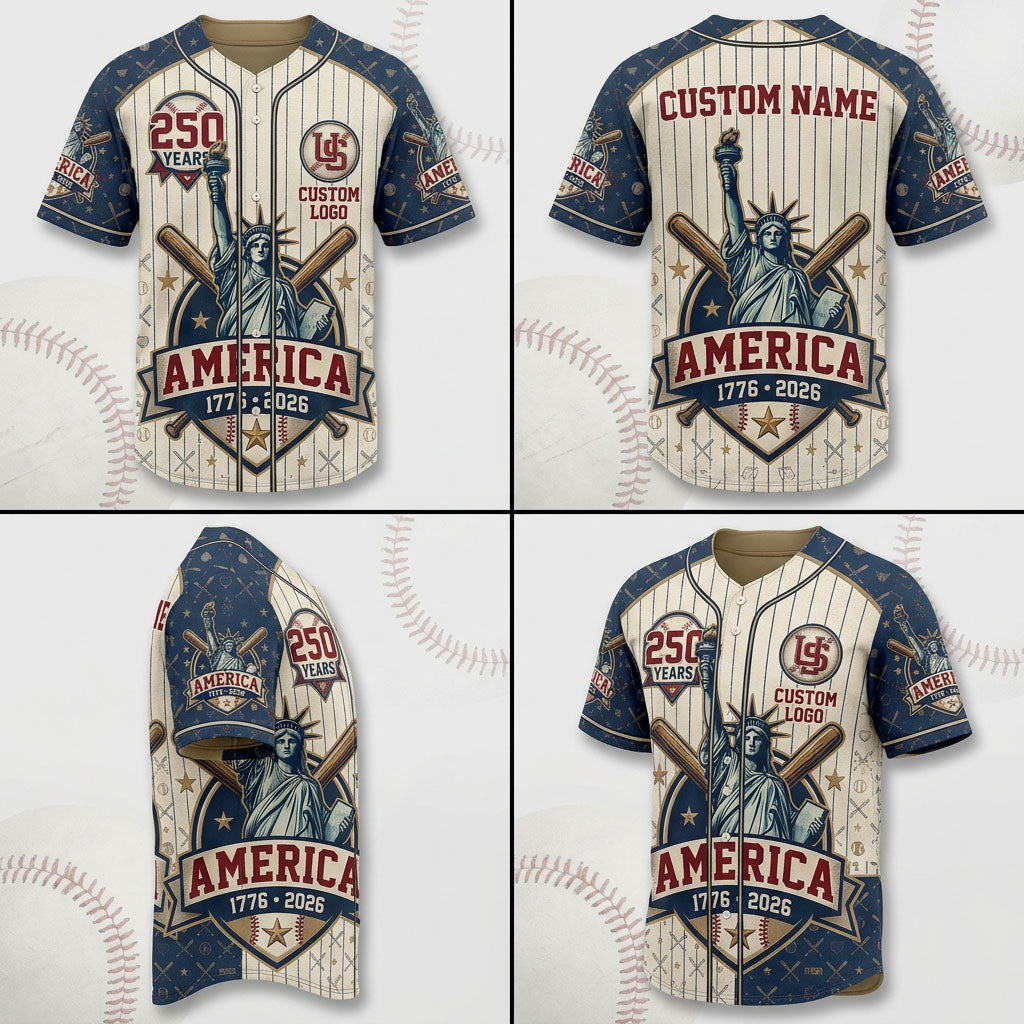 Multi-angle product display grid showcasing the front, back, side sleeve view, and perspective angle of the 250th Liberty jersey.