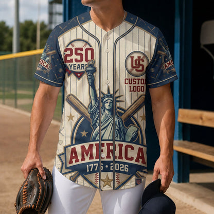 A male model wearing the custom USA Liberty 250 Years baseball jersey at a field dugout holding a leather mitt.