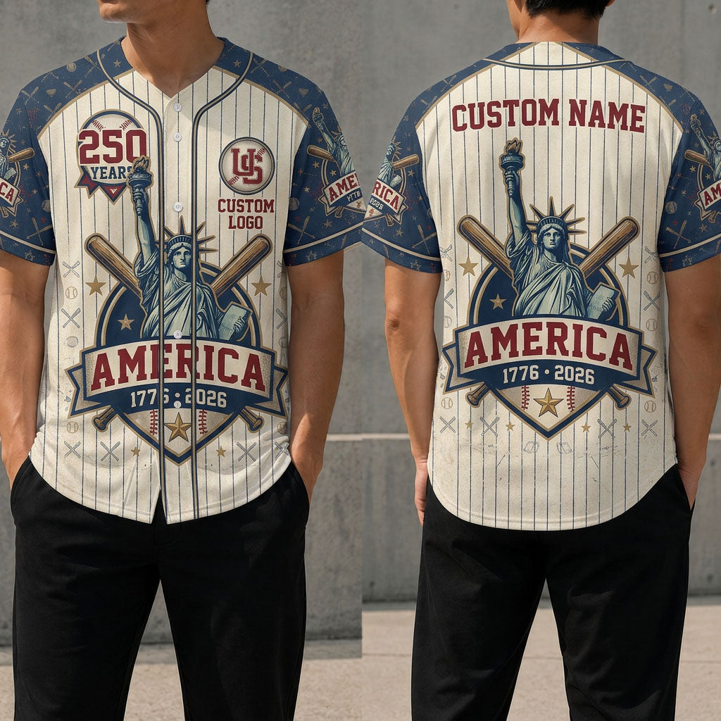Front and back view of a customizable USA Liberty baseball jersey featuring a 250 years anniversary emblem and 1776-2026 America text.