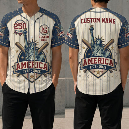 Front and back view of a customizable USA Liberty baseball jersey featuring a 250 years anniversary emblem and 1776-2026 America text.