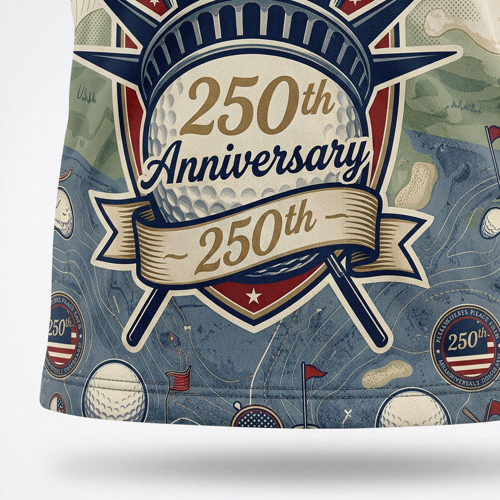 Close-up shot of the high-definition printed Statue of Liberty crown emblem and 250th Anniversary ribbon text on a premium polo shirt.
