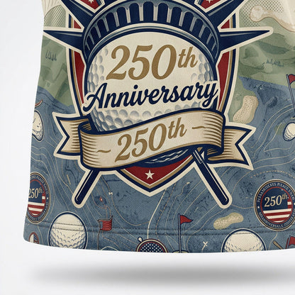 Close-up shot of the high-definition printed Statue of Liberty crown emblem and 250th Anniversary ribbon text on a premium polo shirt.