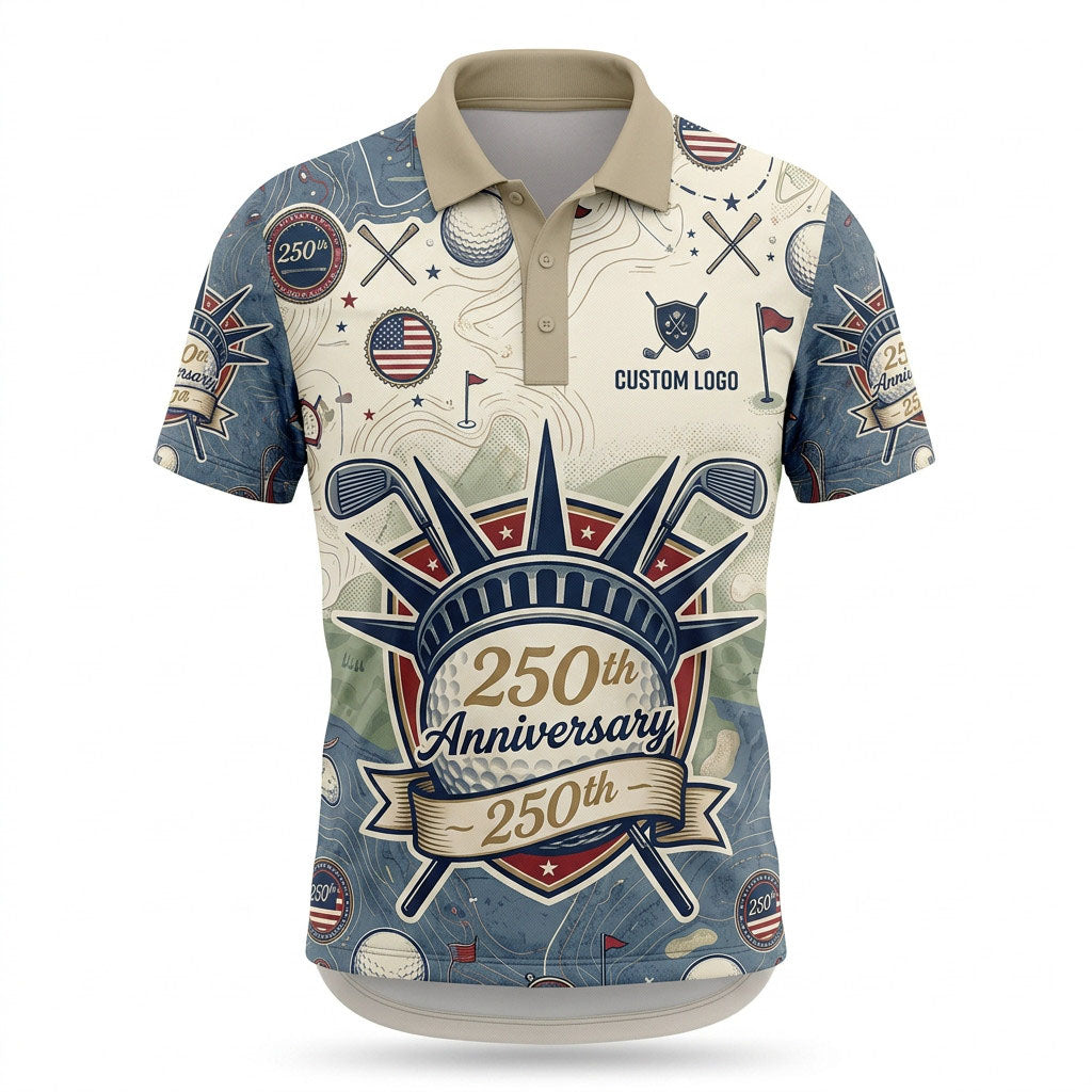 Front view of a cream and slate blue USA Liberty 250th Anniversary golf polo shirt with custom player name option badge.