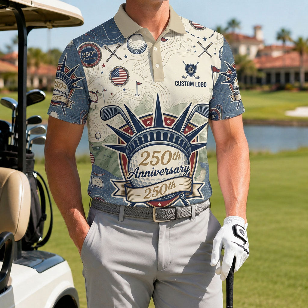 A male golfer wearing the customized USA Liberty 250th Anniversary polo shirt standing proudly on a premium country club fairway green.