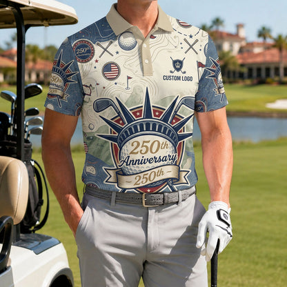 A male golfer wearing the customized USA Liberty 250th Anniversary polo shirt standing proudly on a premium country club fairway green.