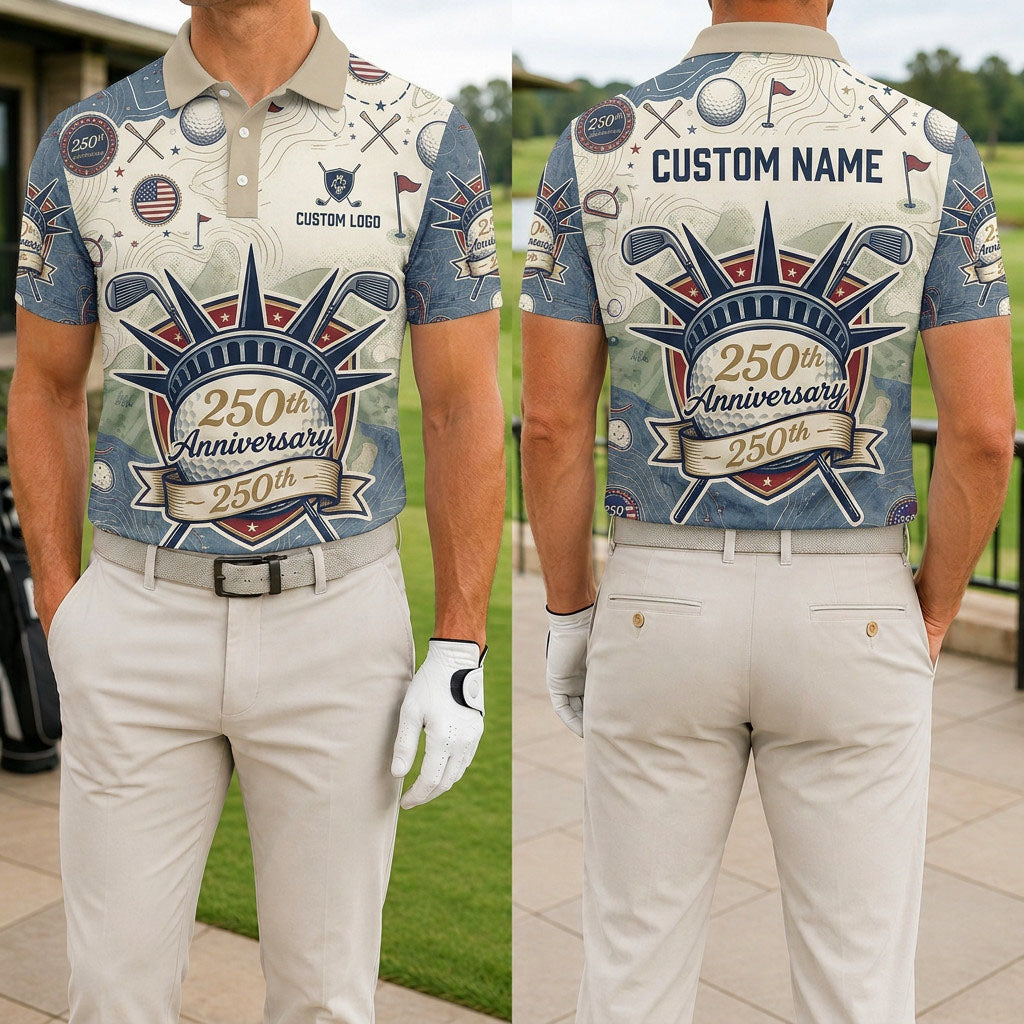 Front and back view of a personalized USA Liberty golf polo shirt showing the custom name printing area on the back.