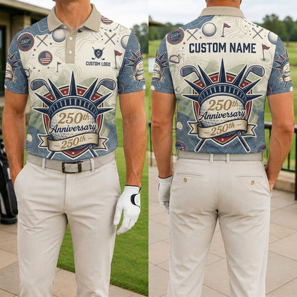 Front and back view of a personalized USA Liberty golf polo shirt showing the custom name printing area on the back.