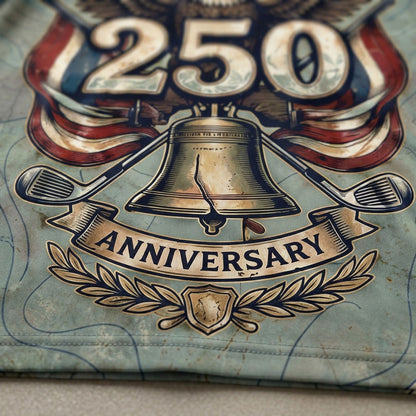 Close-up shot of the high-definition printed Liberty Bell graphic, crossed clubs, and text reading 250 Anniversary on a performance polo.