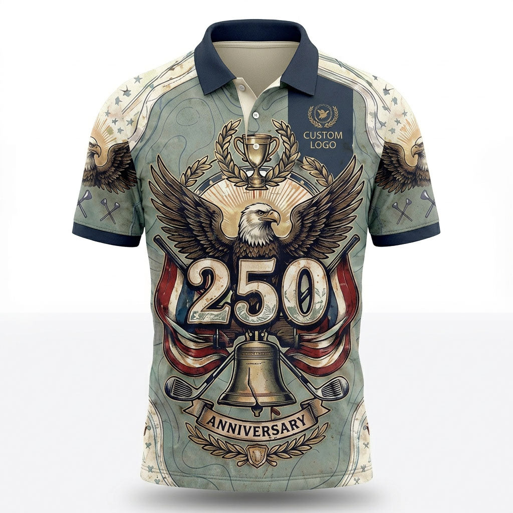 Front view of a sage green USA Liberty Bell 250 Years anniversary golf polo shirt with a heavy shield crest and custom badge lines.