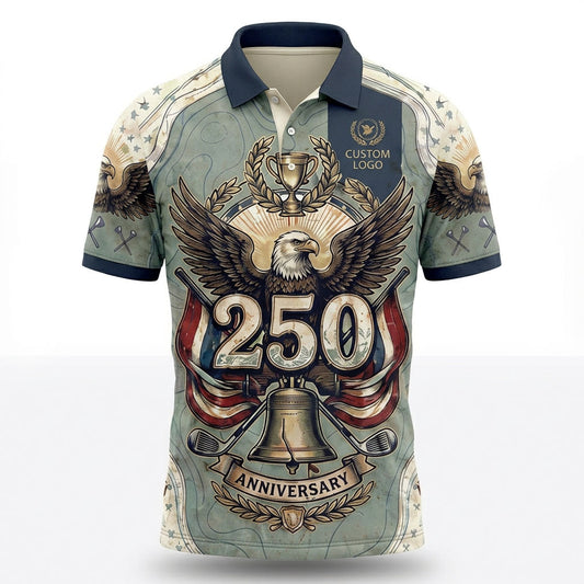 Front view of a sage green USA Liberty Bell 250 Years anniversary golf polo shirt with a heavy shield crest and custom badge lines.