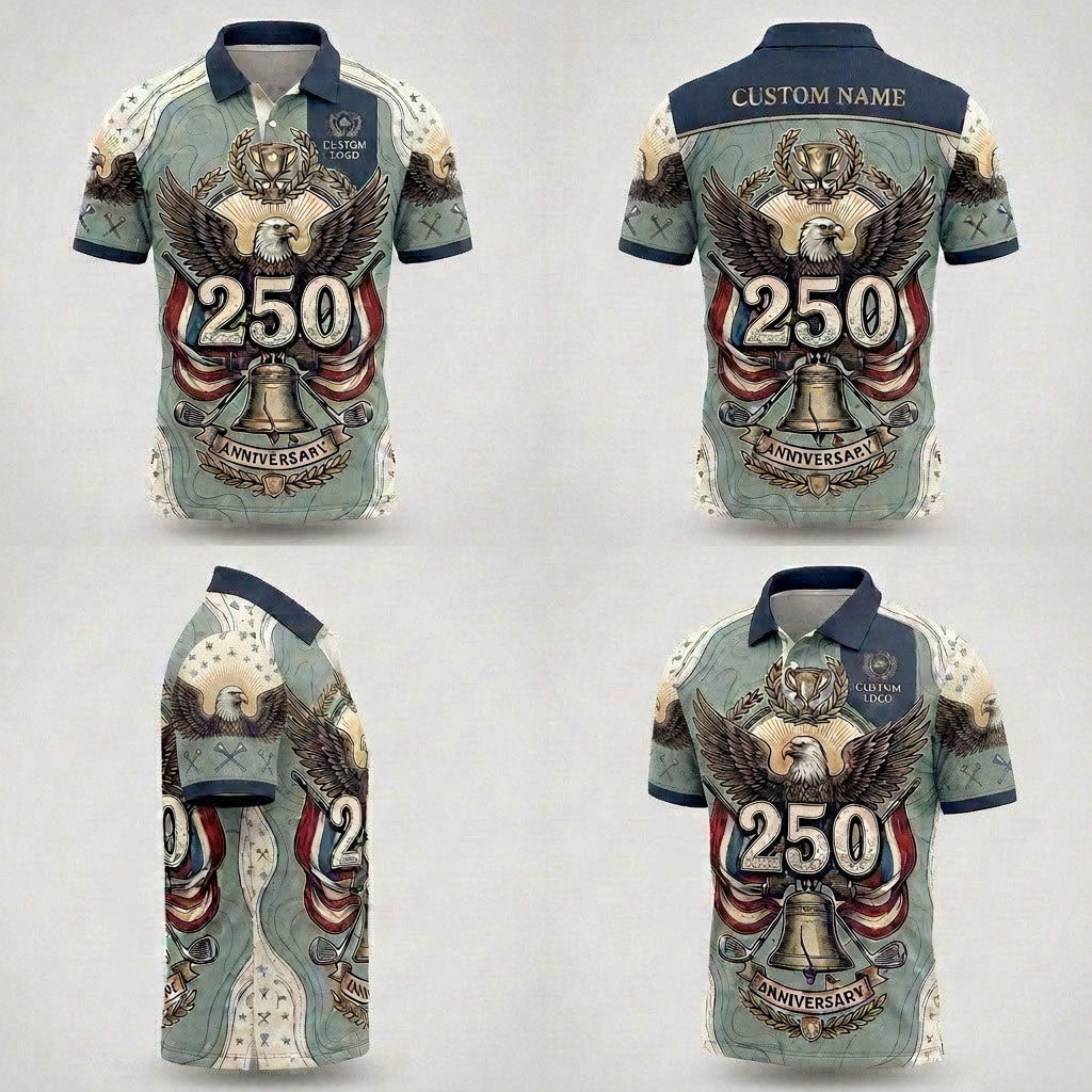 Multi-angle product display grid showcasing the front, back, sleeve eagle panels, and tailored athletic profile of the 250th golf polo.
