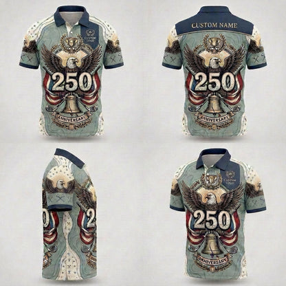 Multi-angle product display grid showcasing the front, back, sleeve eagle panels, and tailored athletic profile of the 250th golf polo.