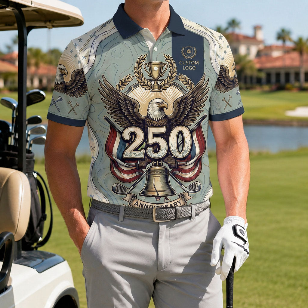 A male model wearing the custom USA Liberty Bell 250 Years golf polo shirt on a sunny country club course fairway.