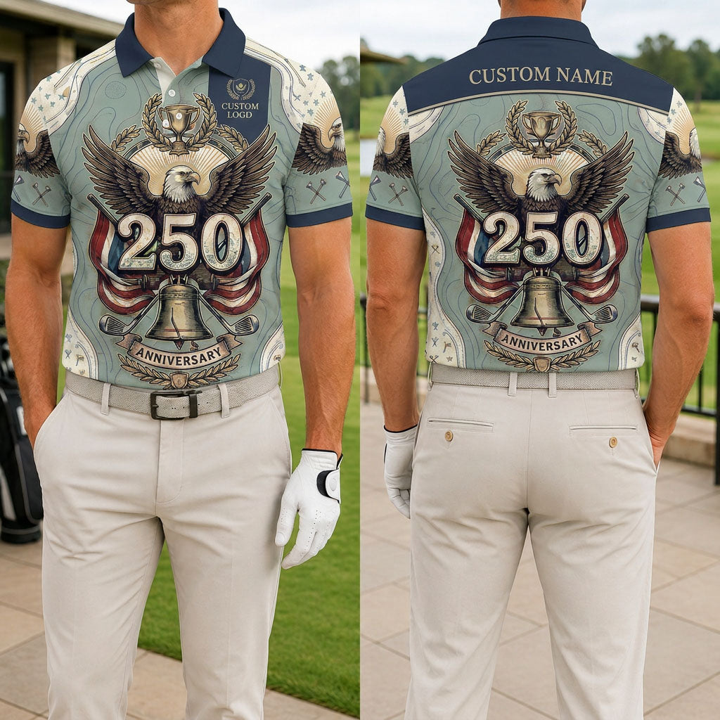 Front and back view of a personalized USA Liberty Bell golf polo shirt featuring the 250th anniversary artwork and custom back name.